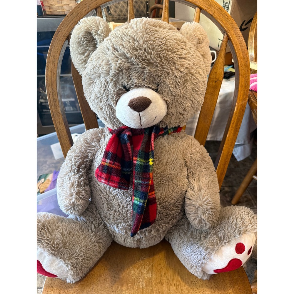Large Shaggy Taupe Teddy Bear Plush Sleepy Eyes Red Plaid Scarf Paw Prints